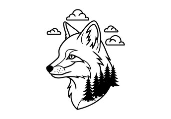 Obraz premium Wolf and forest silhouette with cloud background in minimalist design