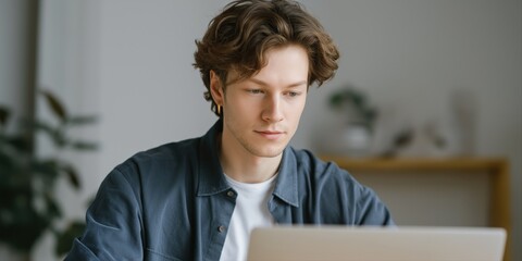 Young caucasian male using laptop in modern home office setting