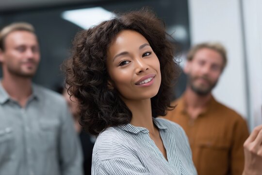 Confident african female professional leading team meeting