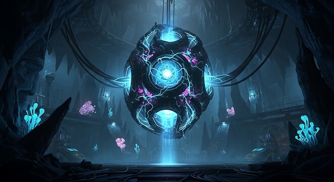 Futuristic alien artifact glowing with blue and purple energy in a dark chamber