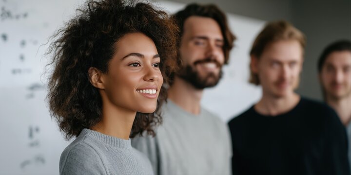 Confident african female leading diverse team meeting with young adult caucasian males