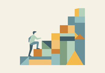 Minimalist character climbing abstract geometric staircase