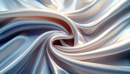 A close-up abstract view of smooth, lustrous satin fabric in a swirling pattern, with soft light highlighting its elegant folds and sheen.