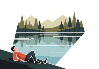 Tranquil landscape with relaxed person by a lake and mountain scenery in flat art style
