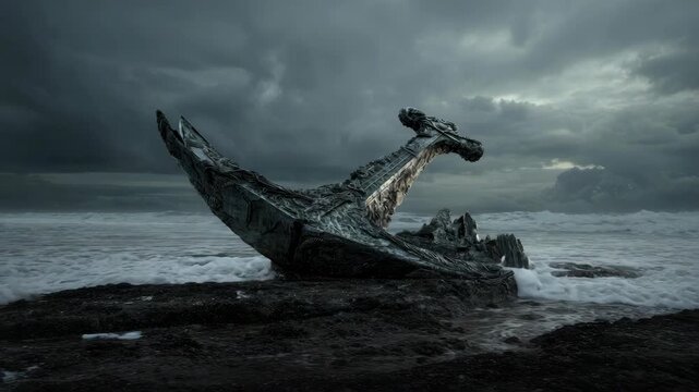 Giant metallic anchor on rocky shore amidst stormy sea and dark clouds