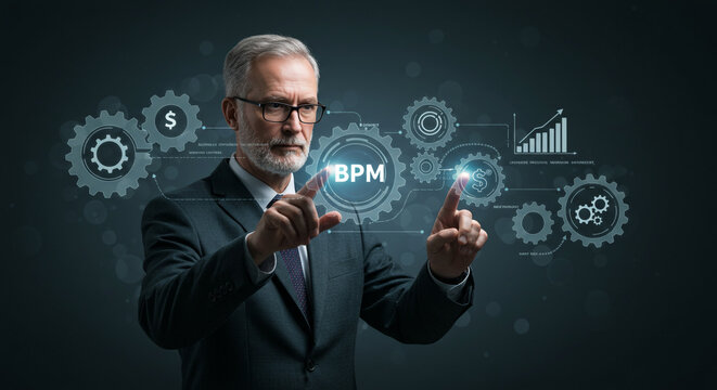Experienced businessman interacts with digital BPM interface, visualizing workflow optimization and financial growth with holographic gears and charts.