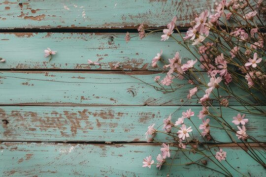 Pink flowers arranged on a distressed teal wooden plank background creating a vintage, romantic, or springtime themed image - Powered by Adobe