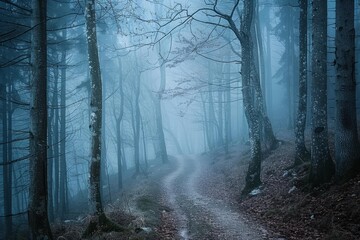Fototapeta premium Mysterious path winding through a foggy forest at twilight, creating a serene and evocative atmosphere