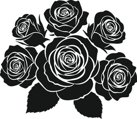 PrintElegant black rose bouquet silhouette illustration, detailed floral arrangement design, botanical artwork for decorative projects, invitations, logos, tattoos, patterns, and creative uses