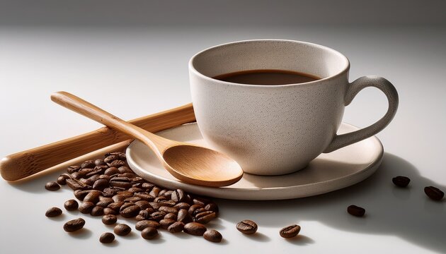 minimalist coffee still life featuring speckled mug wooden spoons and roasted coffee beans on a clean white surface creating a warm and inviting morning mood