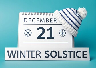Photo of winter solstice december 21st calendar and a cozy striped winter hat with a pompom, set against a vibrant teal background