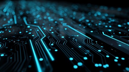 Blue future tech with fiber optic cable data flowing through a digital electronic circuit board connection to the internet network server equipment
