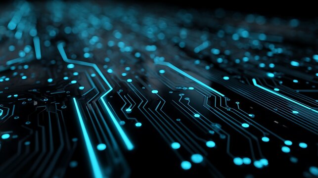 Blue future tech with fiber optic cable data flowing through a digital electronic circuit board connection to the internet network server equipment