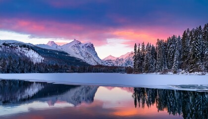 snow covered mountains and trees reflecting in a frozen lake with colorful vibrant sky at dusk or dawn