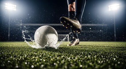 Soccer player's boot striking wet football, water splashing on green grass field under stadium lights.