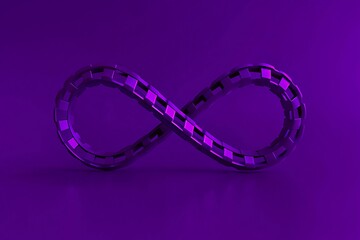 Abstract infinity symbol made of shimmering purple geometric shapes on a solid purple background