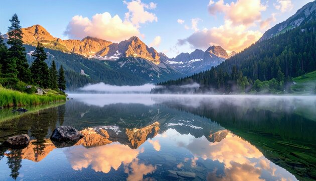 A breathtaking mountain landscape at sunrise, with a calm lake mirroring the golden-lit peaks and misty valleys.