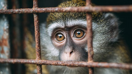 A close-up captures a contemplative monkey peering through weathered bars.  Its expressive eyes and fur detail highlight the primate's captivity, set against the rusty frame.