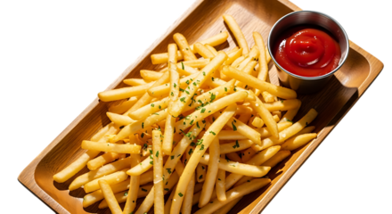 French fries served in a wooden tray with a small cup of ketchup, isolated on transparent background