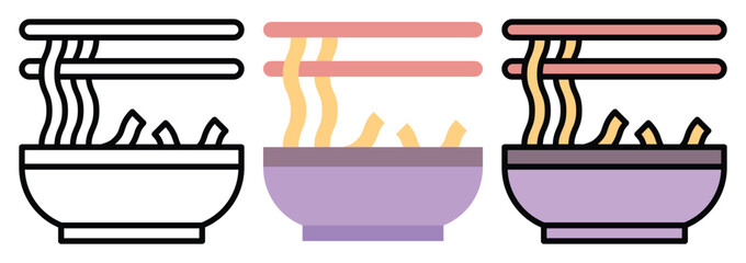 Pasta Food Icon Set in Outline, Color & Flat Style