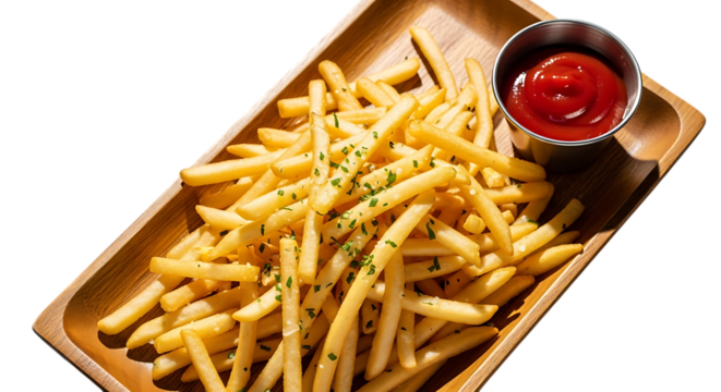 French fries served in a wooden tray with a small cup of ketchup, isolated on transparent background