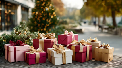 Christmas gift box with gold ribbon and pink wrapping on wooden table outdoors with festive tree lights