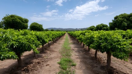 Naklejka premium A picturesque fruit plantation with orderly rows of green trees under a clear blue sky with scattered clouds