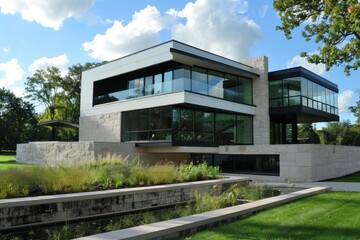 Geometric modern luxury home exterior featuring extensive windows, stone walls, and manicured landscaping on a sunny day