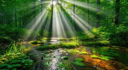 Sunlight streaming through trees over a stream in a lush green forest