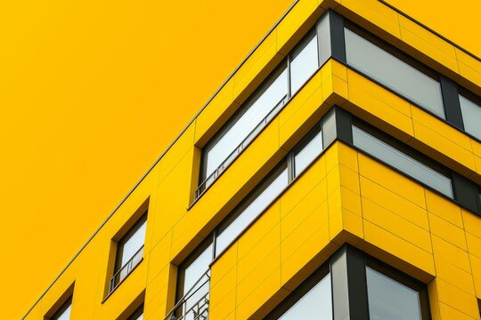 Yellow facade of a modern building with rectangular windows reflecting the sky on a clear sunny day