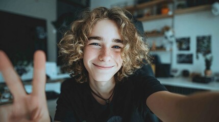 Youthful exuberance captured in a selfie. A young individual with a joyful grin and curly blonde hair flashes the peace sign, radiating charm and positive vibes.