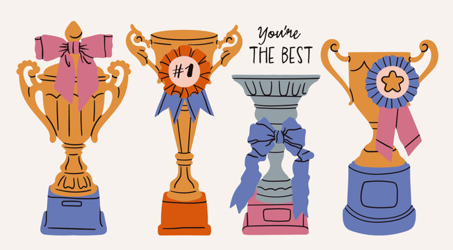 Winning Cup set. Gold, silver, bronze awards, ribbon prize medals. Trophy, winner, ceremony, champion, achievement, victory, success concept. Hand drawn Vector illustration. Isolated design elements  - Powered by Adobe