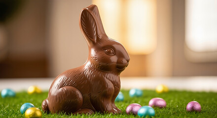 Chocolate Easter bunny surrounded by colorful eggs on green grass