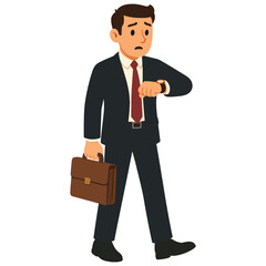 Worried businessman checking watch with a briefcase, conveying urgency, time management, and stress