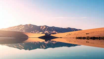 A serene desert landscape featuring rolling sand dunes, distant mountains, and a calm body of water reflecting the scene.