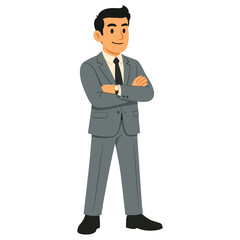 Confident cartoon businessman standing with arms folded in a professional grey suit smiling, ideal for business concepts