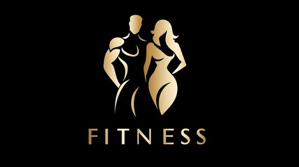 Luxury fitness logo with golden muscular man and fit woman body symbol. Concept: Premium fitness branding, luxury sports identity, combined masculine and feminine body emblem, for fitness, sport salon