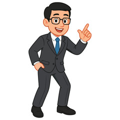Cartoon businessman character in suit and glasses smiling and pointing up, presenting a great idea or solution. isolated.