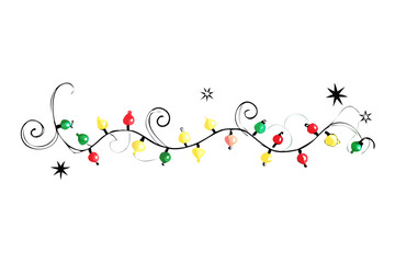 Christmas light garland with swirls and stars on white