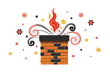 Brick chimney with swirling smoke and fire on white