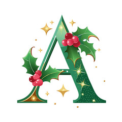 Green Christmas letter A with holly and golden stars
