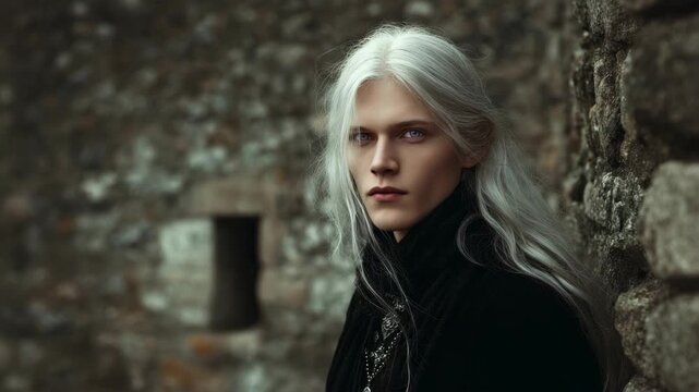 Mysterious young caucasian male with long white hair in medieval setting