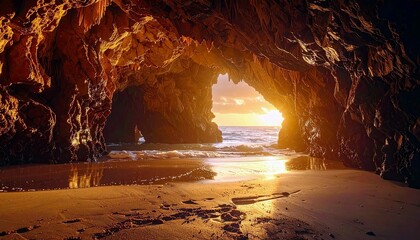 A dramatic view from inside a coastal cave, with golden sunset light illuminating the ocean, waves, and sandy shore.