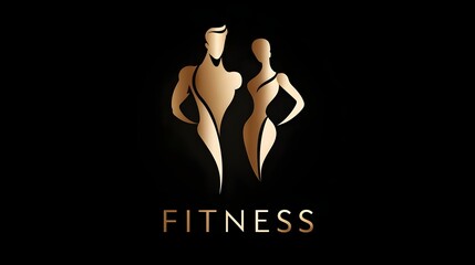 Luxury fitness logo with golden muscular man and fit woman body symbol. Concept: Premium fitness branding, luxury sports identity, combined masculine and feminine body emblem, for fitness, sport salon