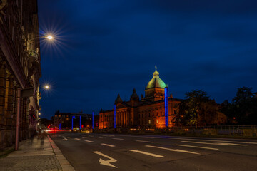 Fototapeta premium Nighttime view of the Reich Court building in Leipzig, Germany.
