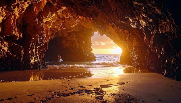 A dramatic view from inside a coastal cave, with golden sunset light illuminating the ocean, waves, and sandy shore.
