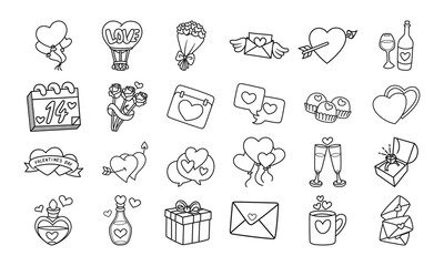 Fototapeta premium Valentine’s Day Outline Icons Set with Hearts, Gifts and Love Symbols