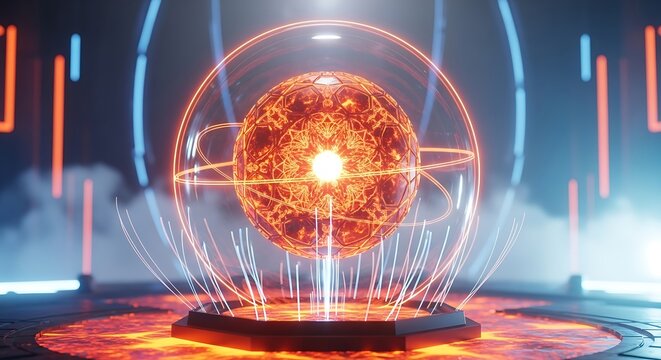 Glowing orb of energy suspended in futuristic sci fi chamber