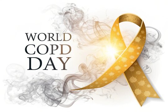 World COPD Day, Golden Awareness Ribbon With Soft Fog Lighting Background.