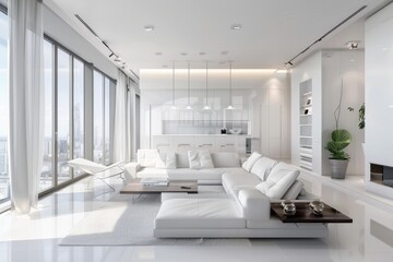 Fototapeta premium Luxurious white open plan living room with kitchen, large sofa, chaise lounge chair, and big windows overlooking a modern city